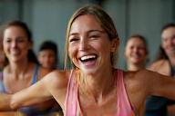 Groupe en pleine séance de fitness collectif souriant